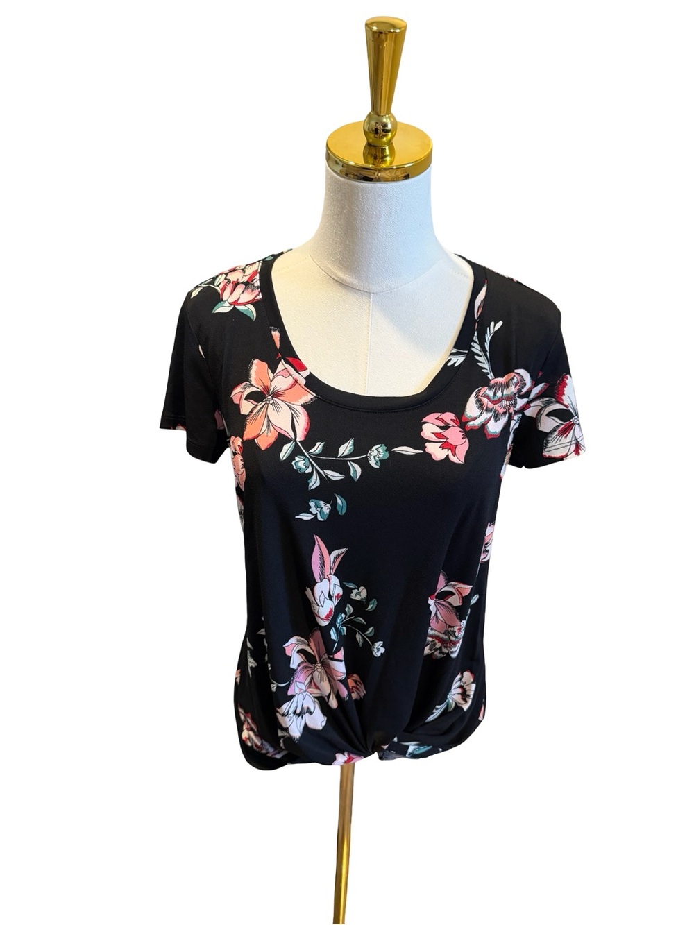 Candie's Black Floral Twist-Front Short Sleeve Top